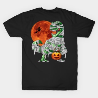 Halloween Pumkin Dinosaur T-rex & Witch Under the Moonlight T-Shirt